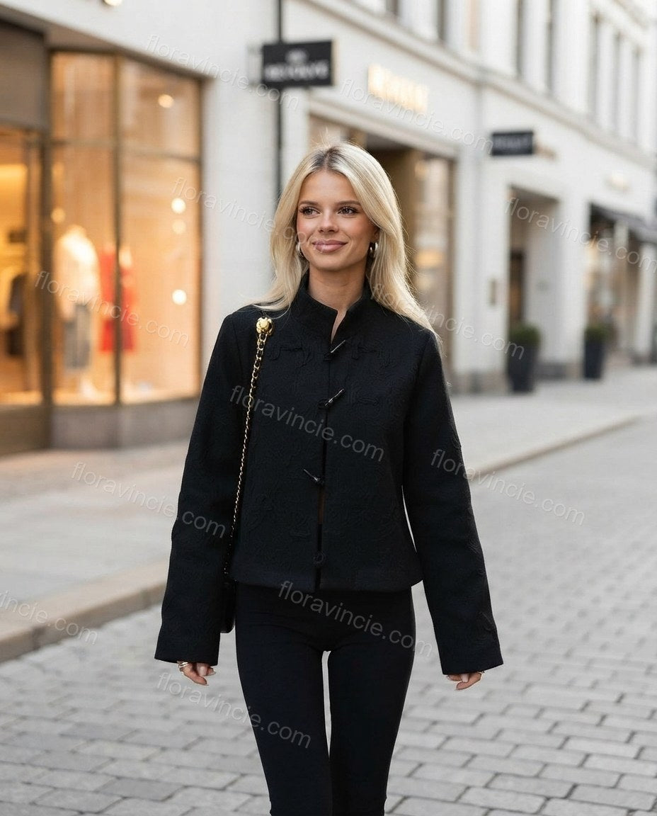 Black Glow City Layer Textured Jacket Black Jacket with Tailored silhouette and Textured texture, lifestyle scene image for Pre-Fall, a cafe plan, Fall current summer selling first with a light late-summer/pre-fall accent: make it wearable now for summer by floravincie