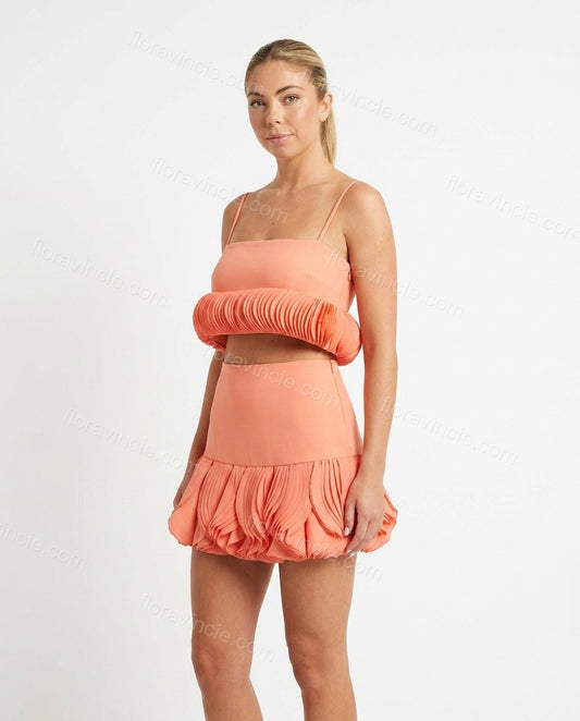 Peach Aura Office Edit Pleated Skirt Set Peach Skirt Set with Cropped silhouette and Textured texture, clean studio product view for Pre-Fall, a cafe plan, Fall current summer selling first with a light late-summer/pre-fall accent: make it wearable now fo by floravincie