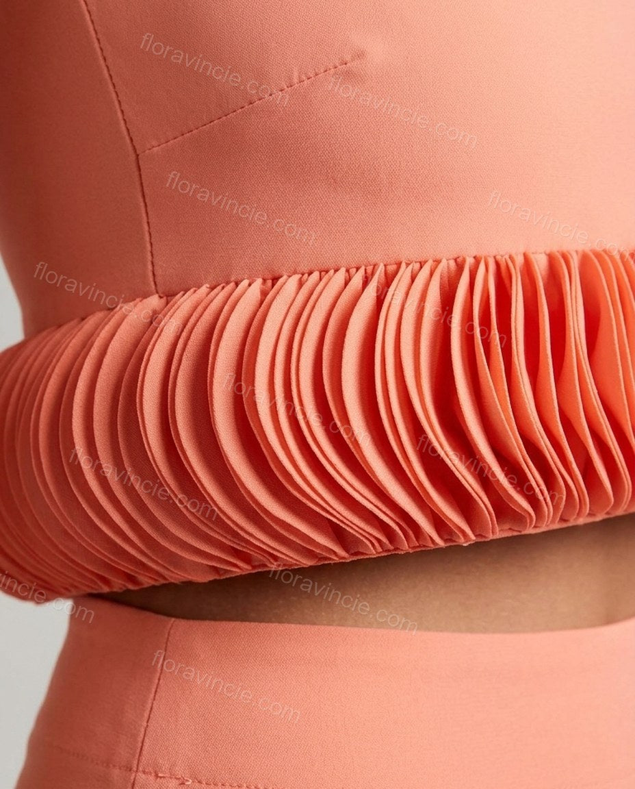 Peach Aura Office Edit Pleated Skirt Set Peach Skirt Set with Cropped silhouette and Textured texture, additional styling view for Pre-Fall, a cafe plan, Fall current summer selling first with a light late-summer/pre-fall accent: make it wearable now for by floravincie