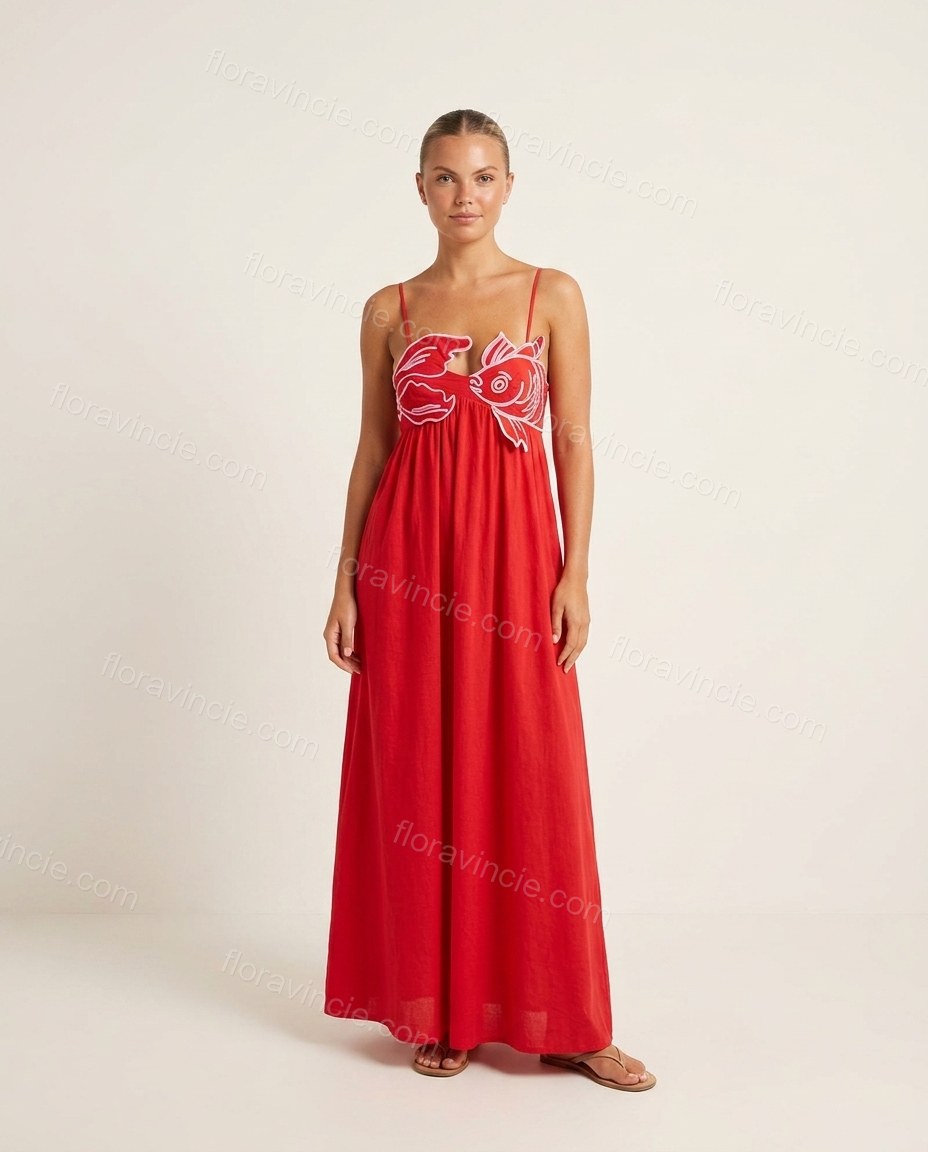 Red Grace Vacation Edit Embroidered Maxi Dress Red Maxi Dress with Relaxed Fit silhouette and Linen Blend texture, clean studio product view for Pre-Fall, a fall city dinner, Fall current summer selling first with a light late-summer/pre-fall accent: make by floravincie
