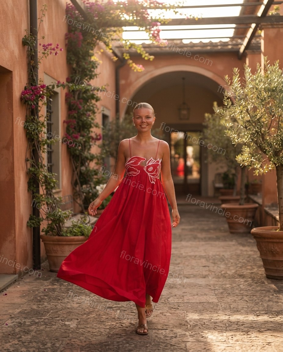 Red Grace Vacation Edit Embroidered Maxi Dress Red Maxi Dress with Relaxed Fit silhouette and Linen Blend texture, outdoor styling image for Pre-Fall, a fall city dinner, Fall current summer selling first with a light late-summer/pre-fall accent: make it by floravincie