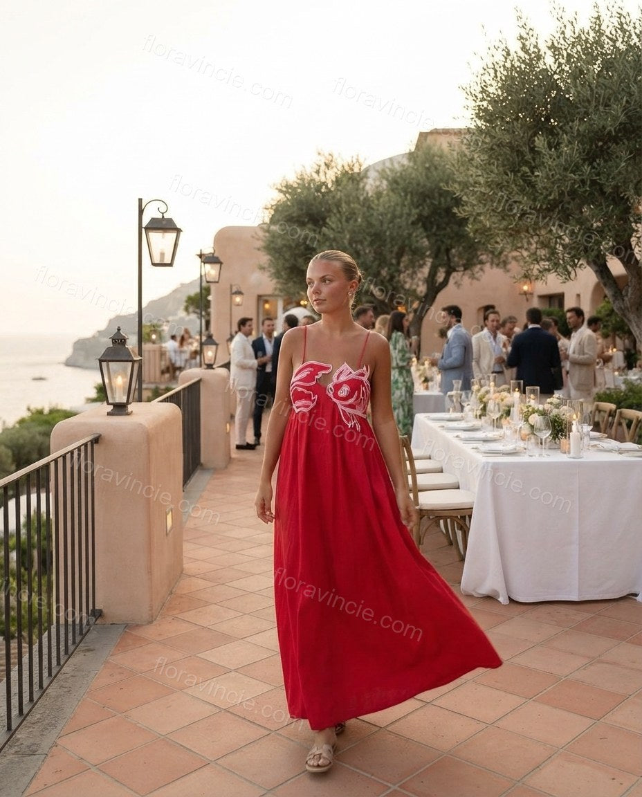 Red Grace Vacation Edit Embroidered Maxi Dress Red Maxi Dress with Relaxed Fit silhouette and Linen Blend texture, lifestyle scene image for Pre-Fall, a fall city dinner, Fall current summer selling first with a light late-summer/pre-fall accent: make it by floravincie