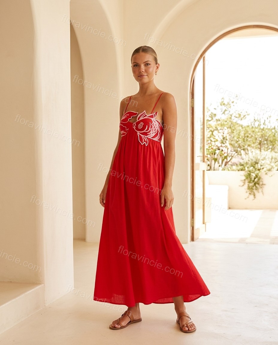 Red Grace Vacation Edit Embroidered Maxi Dress Red Maxi Dress with Relaxed Fit silhouette and Linen Blend texture, front view product image for Pre-Fall, a fall city dinner, Fall current summer selling first with a light late-summer/pre-fall accent: make by floravincie