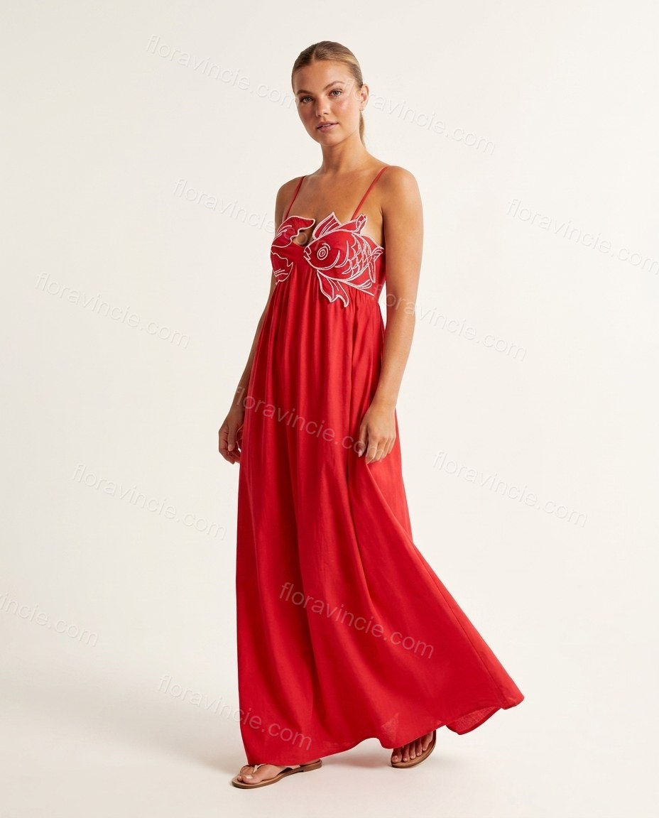 Red Grace Vacation Edit Embroidered Maxi Dress Red Maxi Dress with Relaxed Fit silhouette and Linen Blend texture, side or back garment view for Pre-Fall, a fall city dinner, Fall current summer selling first with a light late-summer/pre-fall accent: make by floravincie