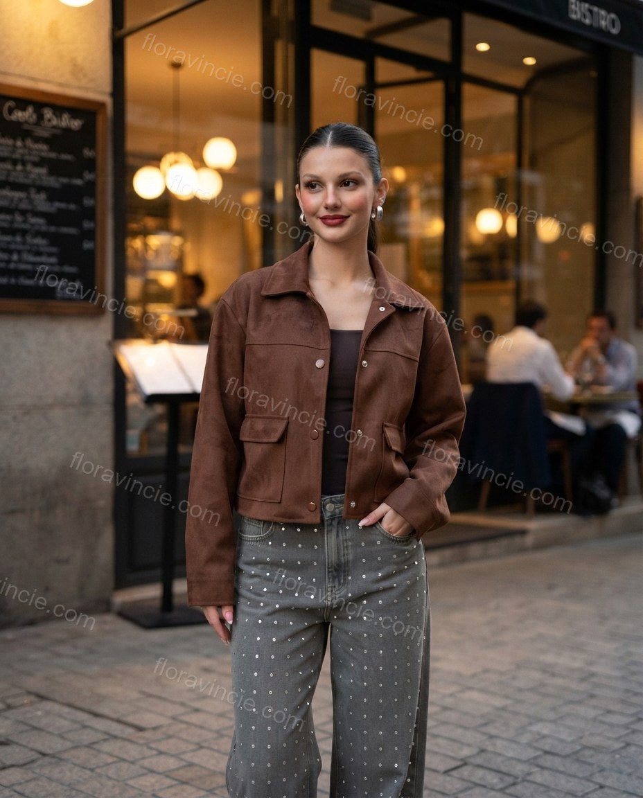 Brown Lustre Office Edit Jacket Brown Jacket with Cropped silhouette and Poplin texture, lifestyle scene image for Pre-Fall, a gallery evening, Fall current summer selling first with a light late-summer/pre-fall accent: make it wearable now for summer eve by floravincie