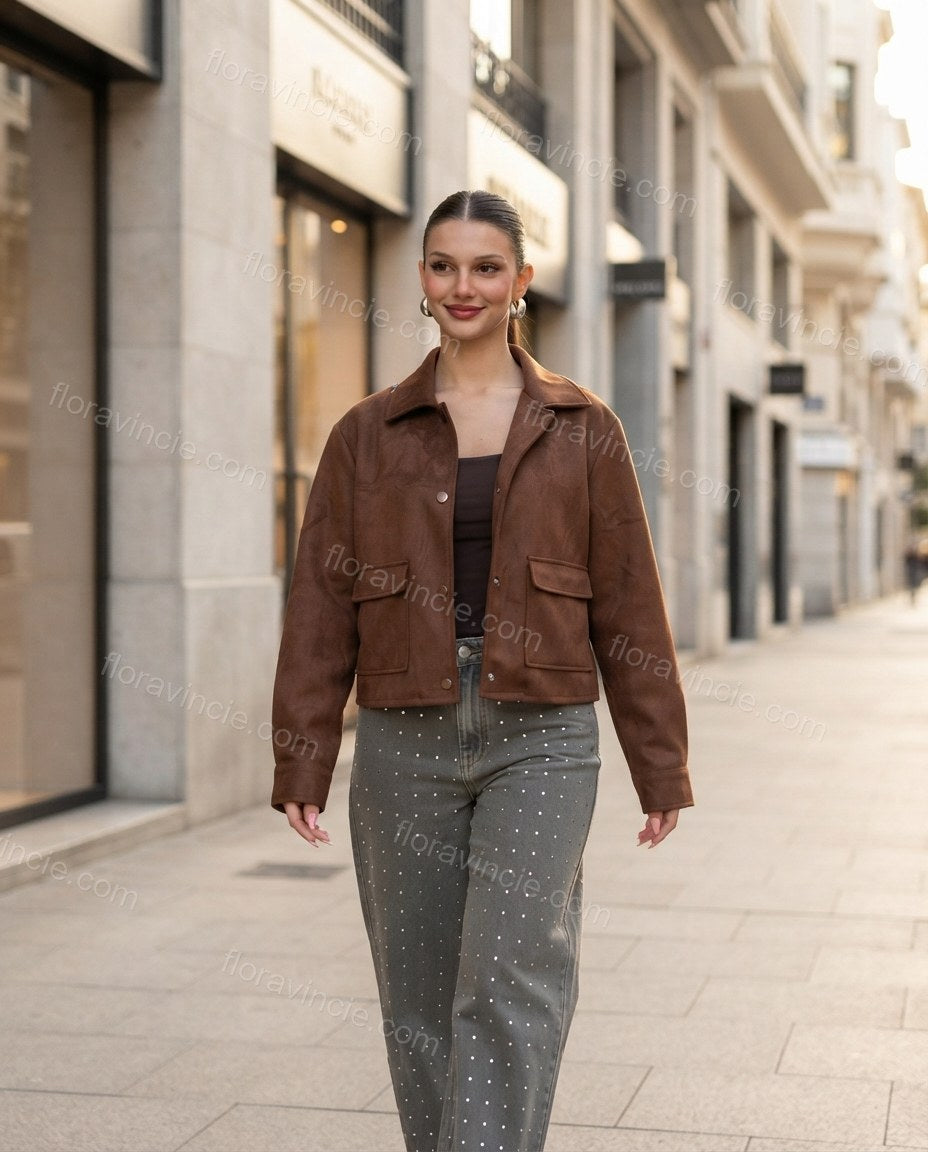 Brown Lustre Office Edit Jacket Brown Jacket with Cropped silhouette and Poplin texture, editorial ecommerce scene for Pre-Fall, a gallery evening, Fall current summer selling first with a light late-summer/pre-fall accent: make it wearable now for summer by floravincie