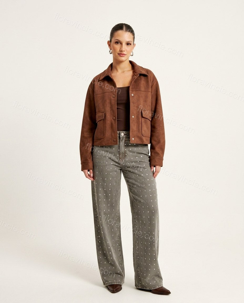 Brown Lustre Office Edit Jacket Brown Jacket with Cropped silhouette and Poplin texture, clean studio product view for Pre-Fall, a gallery evening, Fall current summer selling first with a light late-summer/pre-fall accent: make it wearable now for summer by floravincie