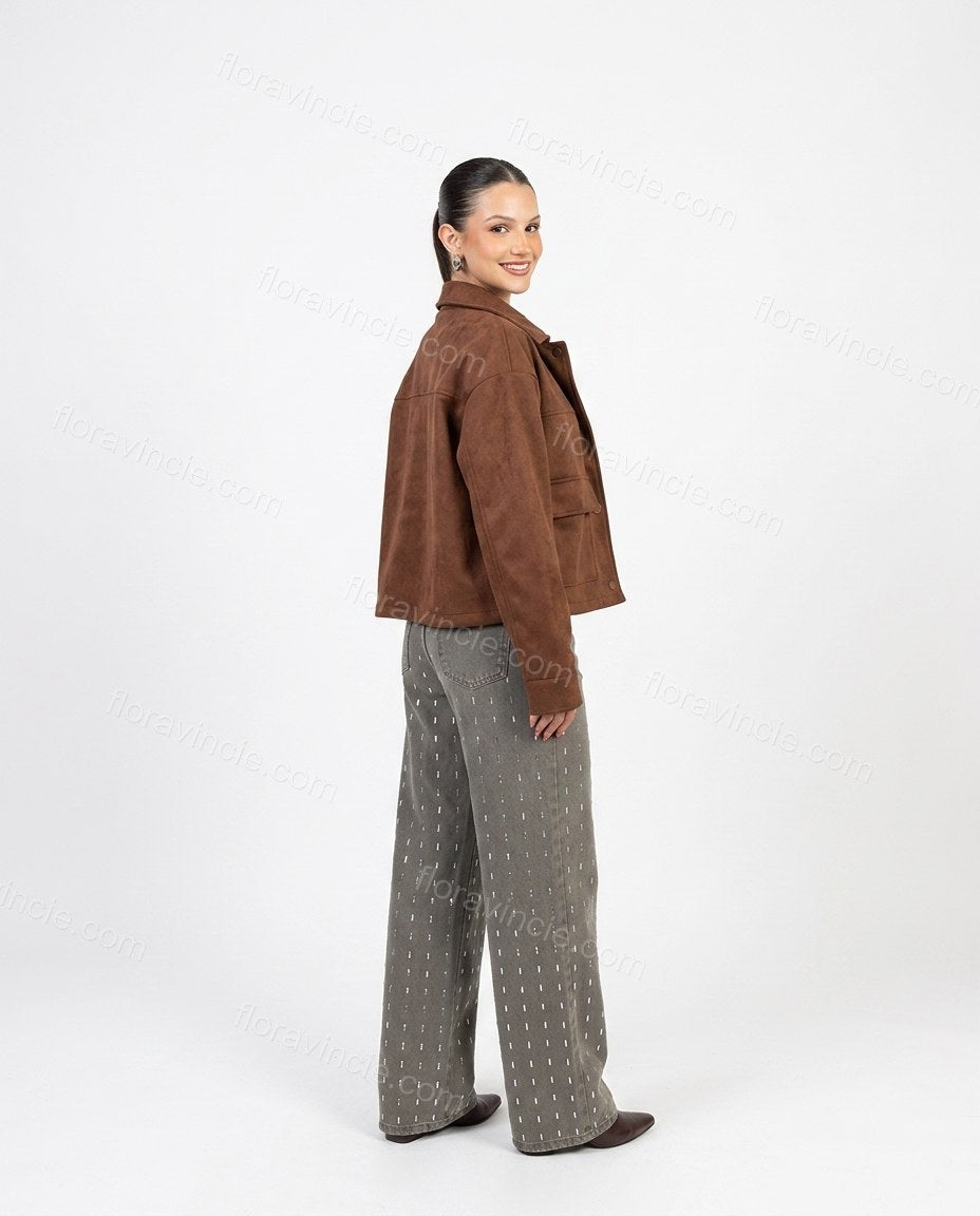 Brown Lustre Office Edit Jacket Brown Jacket with Cropped silhouette and Poplin texture, side or back garment view for Pre-Fall, a gallery evening, Fall current summer selling first with a light late-summer/pre-fall accent: make it wearable now for summer by floravincie