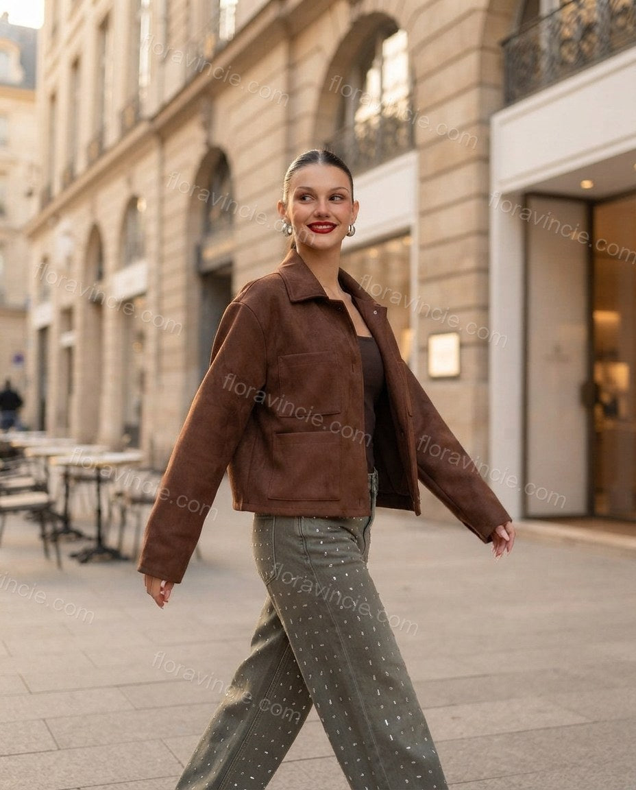 Brown Lustre Office Edit Jacket Brown Jacket with Cropped silhouette and Poplin texture, outdoor styling image for Pre-Fall, a gallery evening, Fall current summer selling first with a light late-summer/pre-fall accent: make it wearable now for summer eve by floravincie