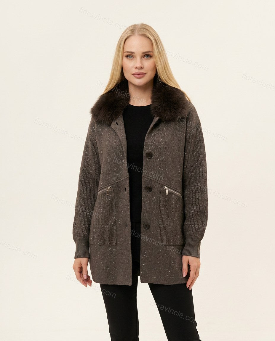 Dark Grey Polished Fur-Trim Coat by floravincie