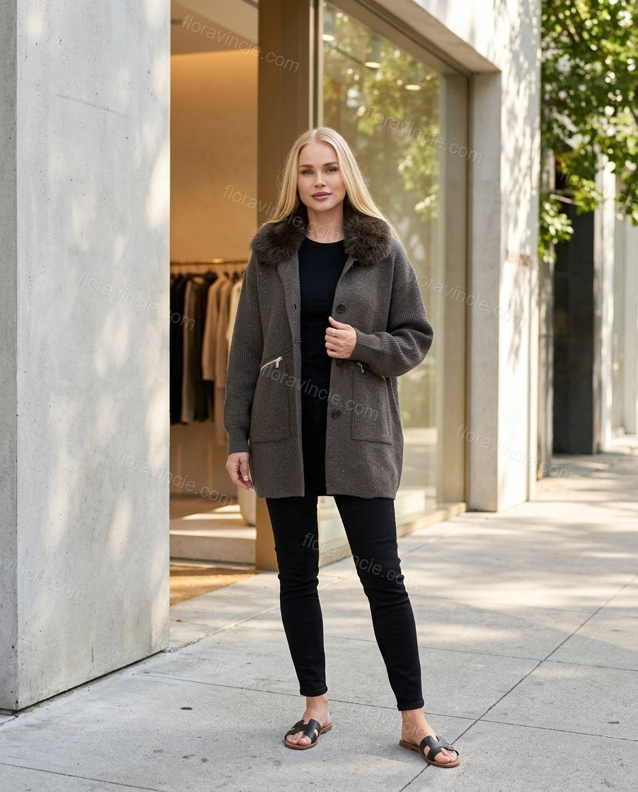Dark Grey Polished Fur-Trim Coat by floravincie