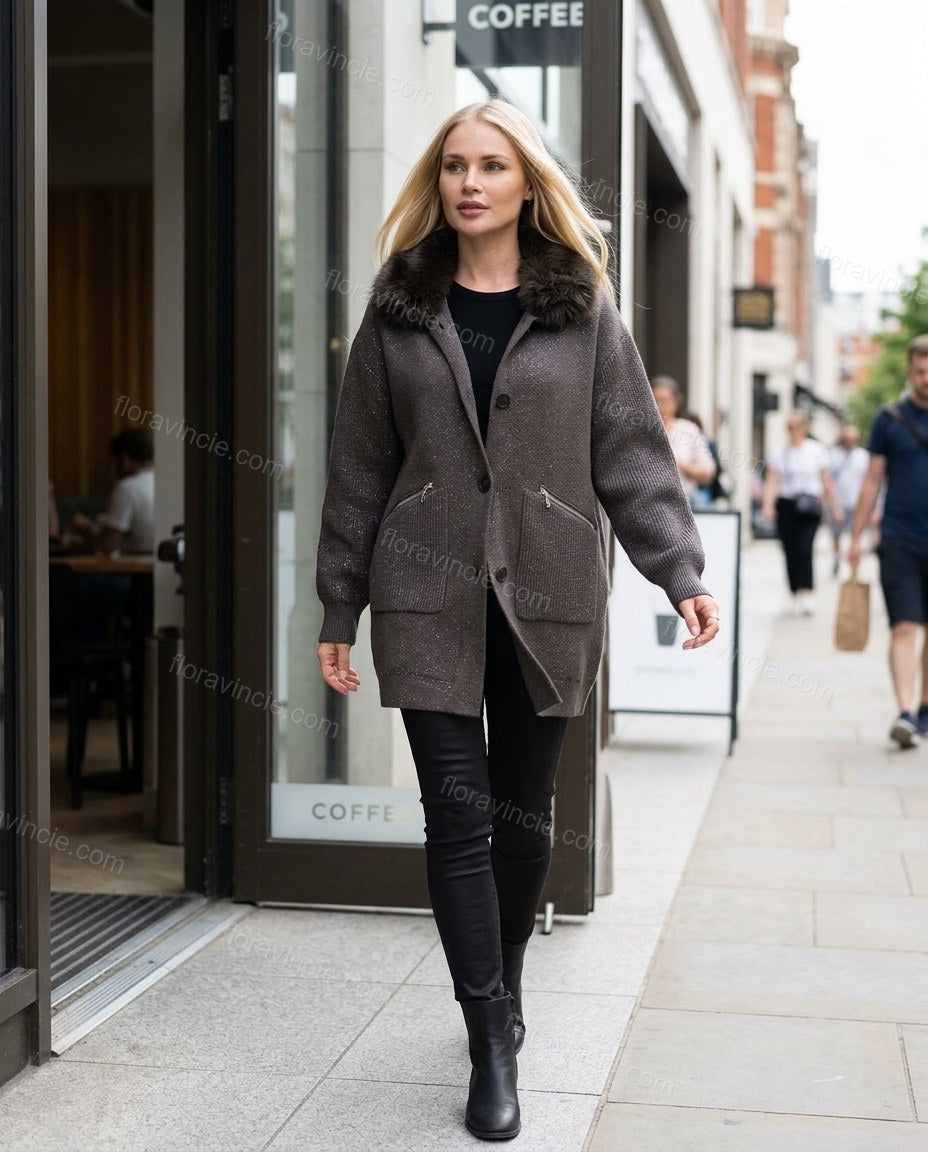 Dark Grey Polished Fur-Trim Coat by floravincie