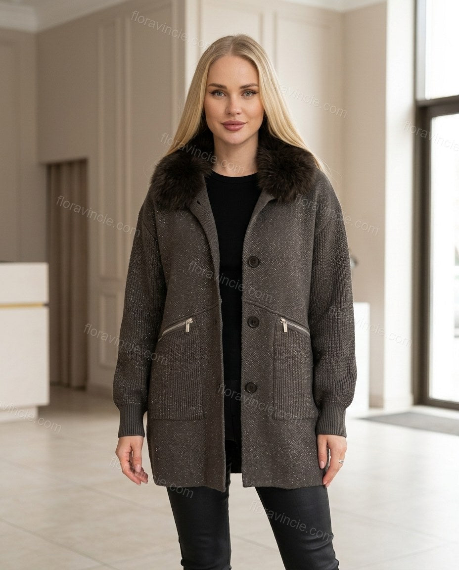 Dark Grey Polished Fur-Trim Coat by floravincie
