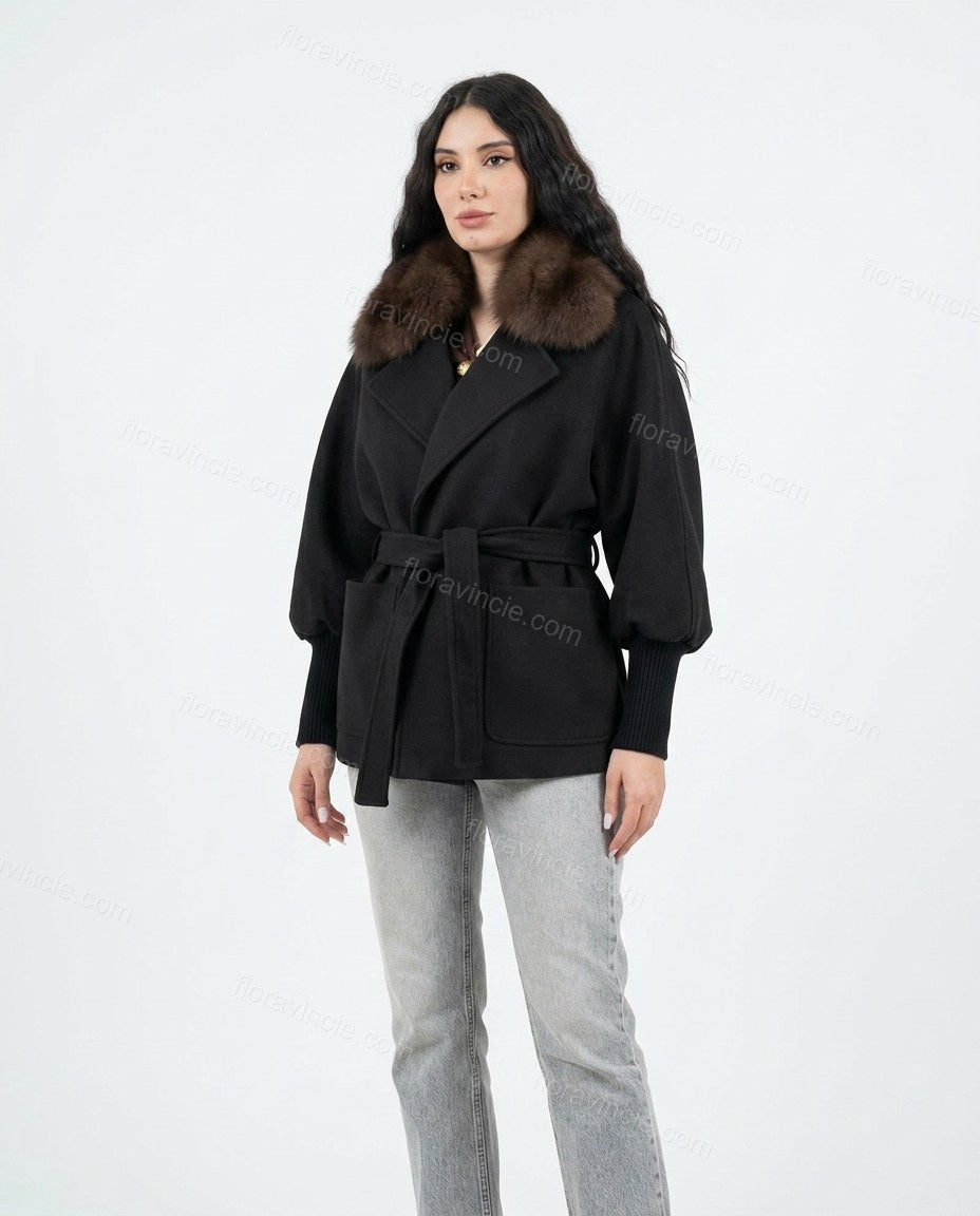 Black Elevated Fur-Trim Belted Coat by floravincie