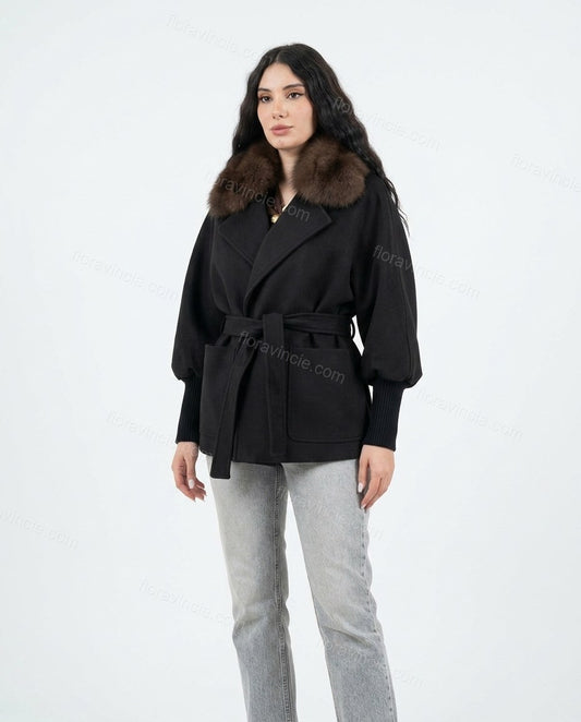 Black Elevated Fur-Trim Belted Coat by floravincie