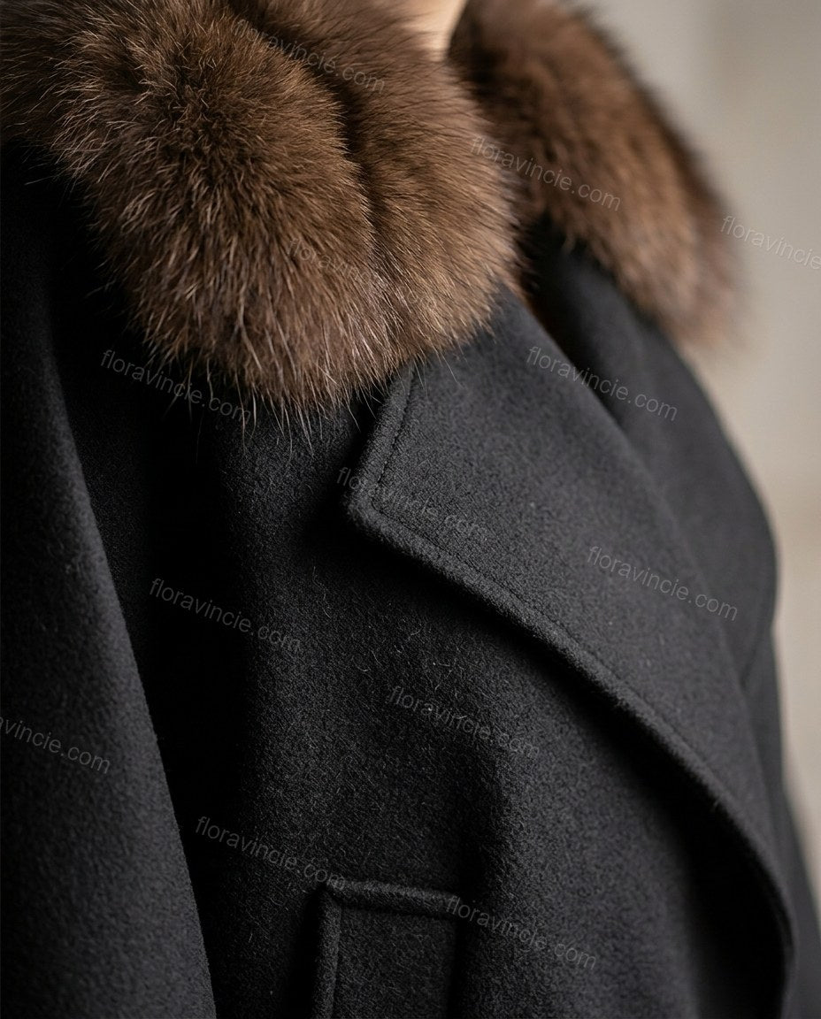 Black Elevated Fur-Trim Belted Coat by floravincie