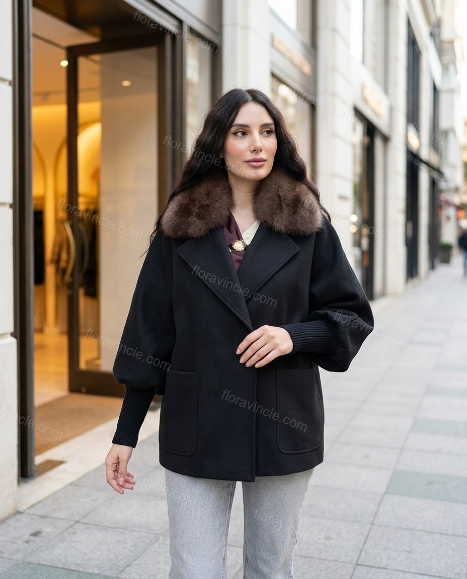 Black Elevated Fur-Trim Belted Coat by floravincie