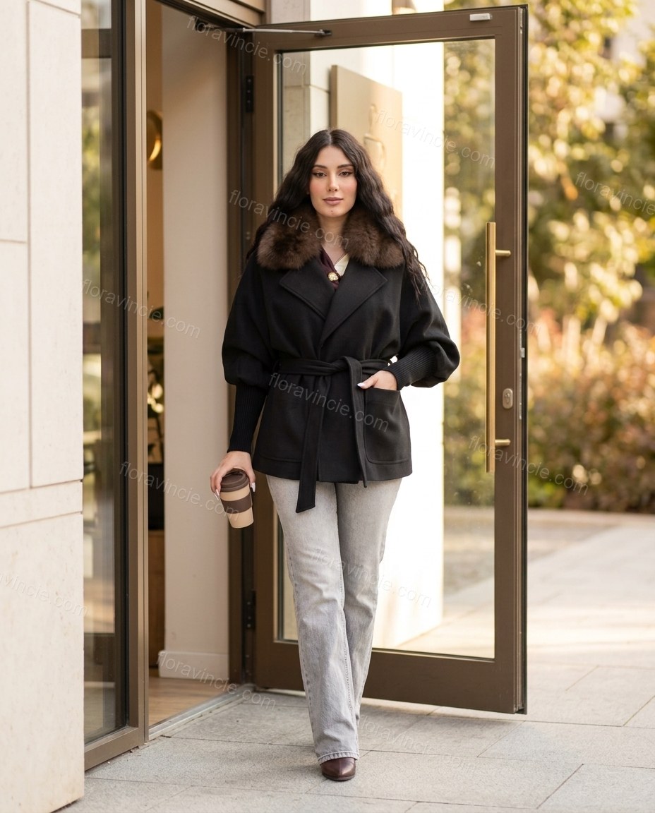 Black Elevated Fur-Trim Belted Coat by floravincie