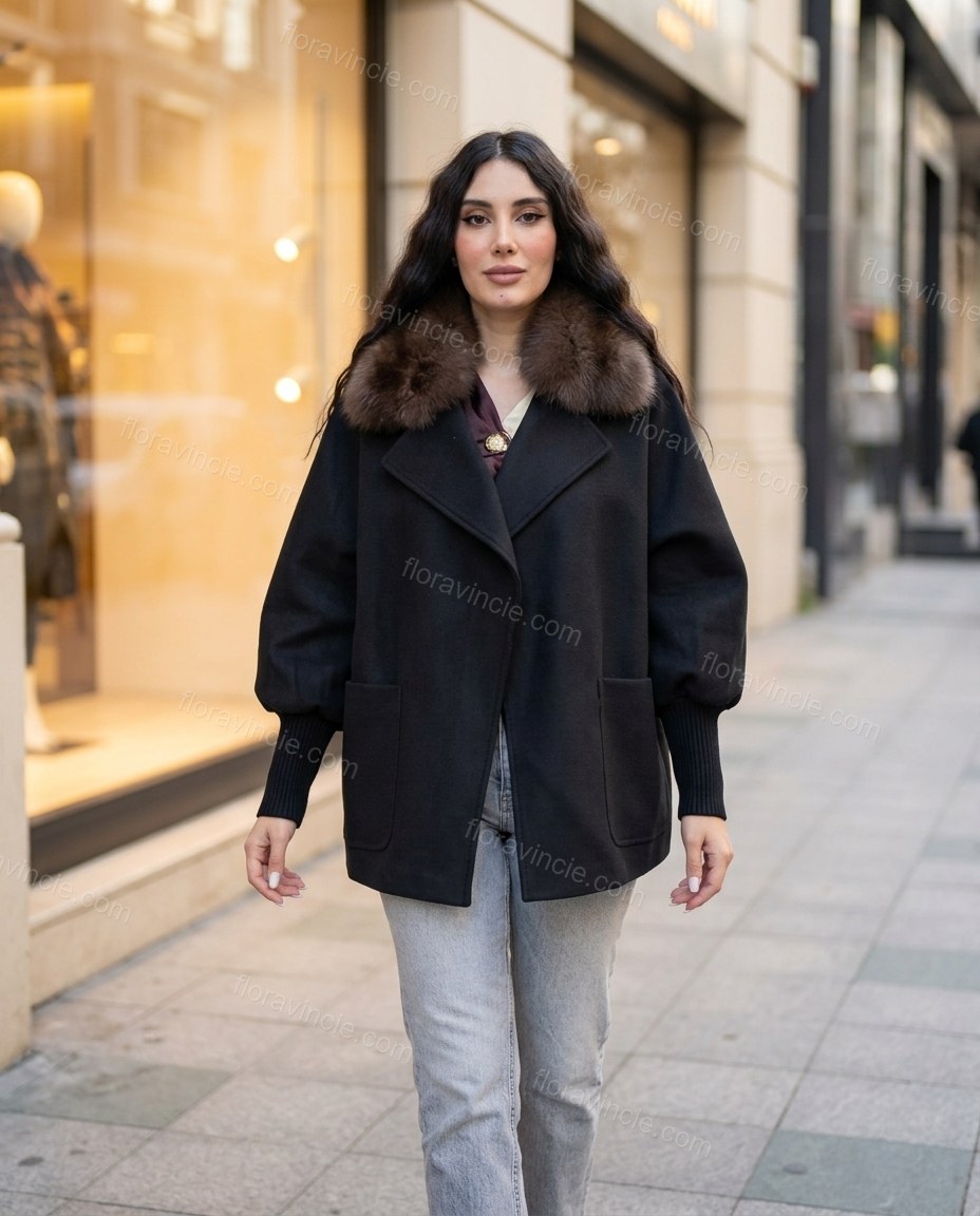 Black Elevated Fur-Trim Belted Coat by floravincie