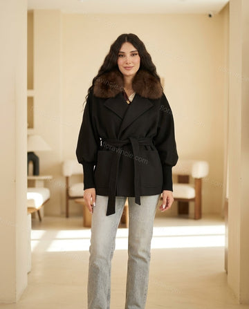Black Elevated Fur-Trim Belted Coat by floravincie