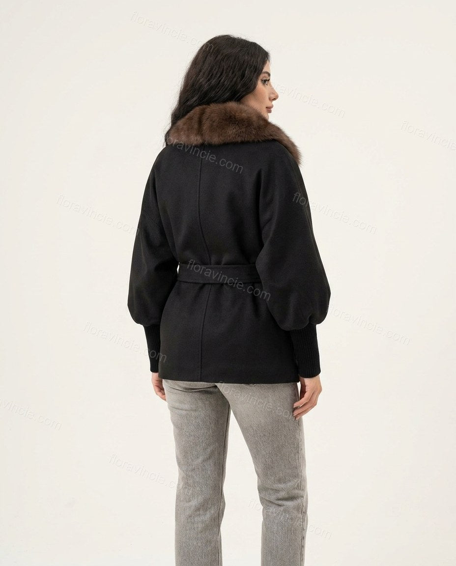 Black Elevated Fur-Trim Belted Coat by floravincie
