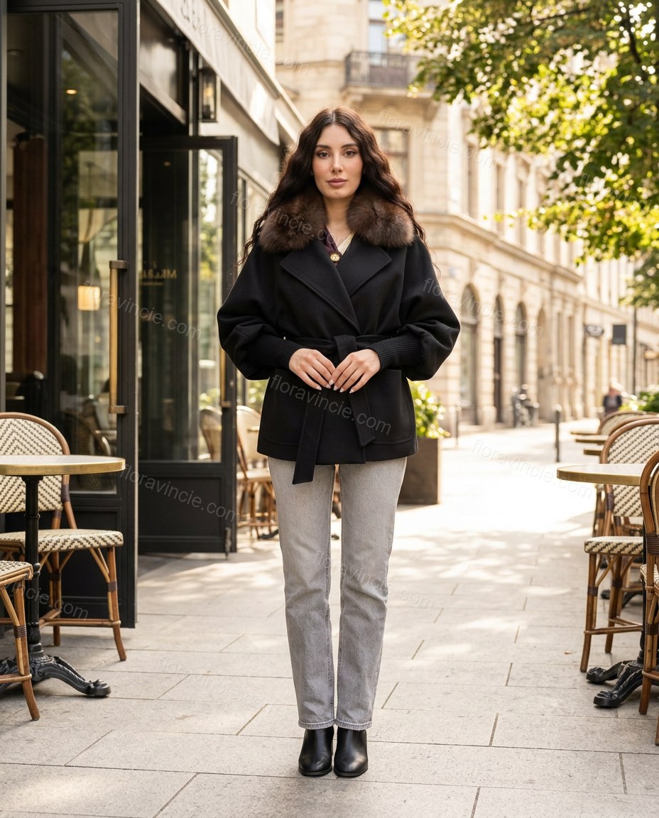 Black Elevated Fur-Trim Belted Coat by floravincie