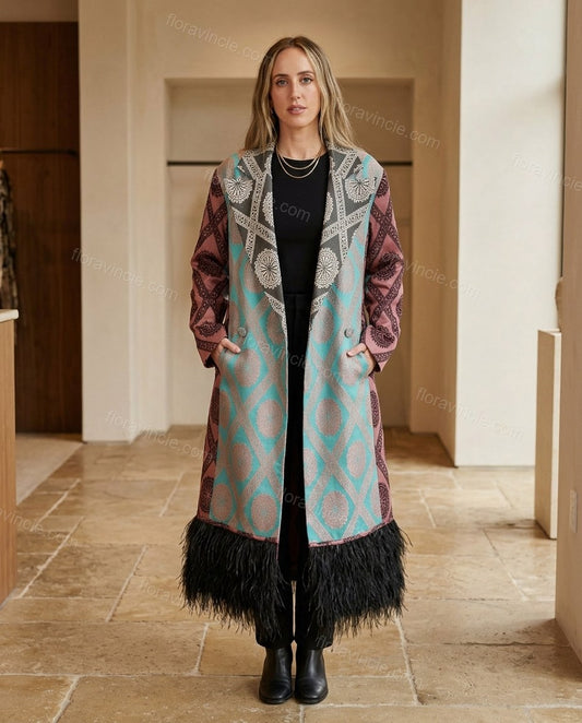 Teal Fringe Outerwear, full-length hero view, by floravincie
