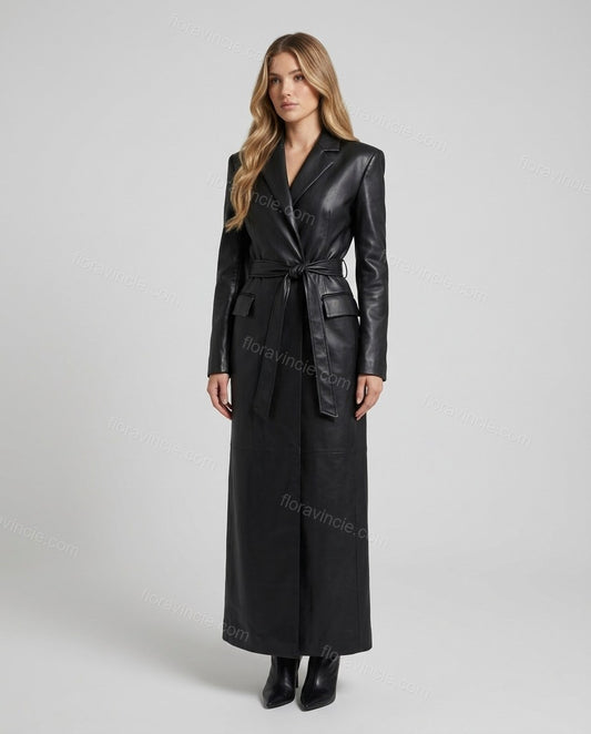Long Black Leather-Look Belted Trench Coat by floravincie