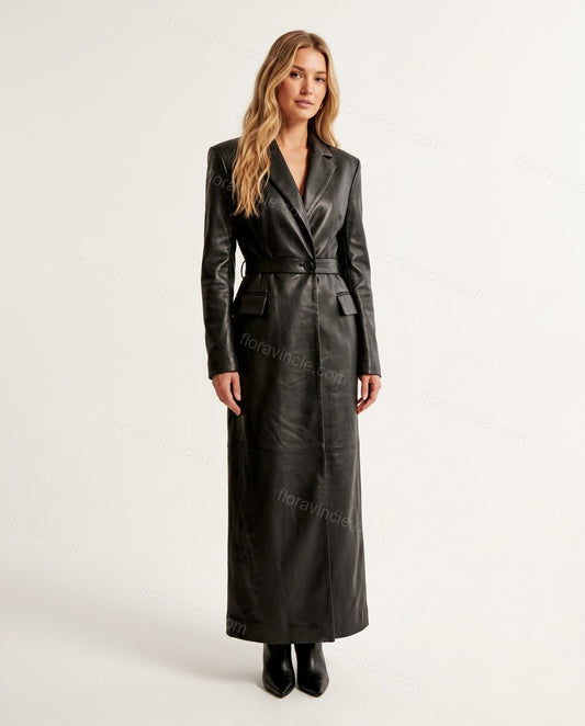 Long Black Leather-Look Belted Trench Coat by floravincie
