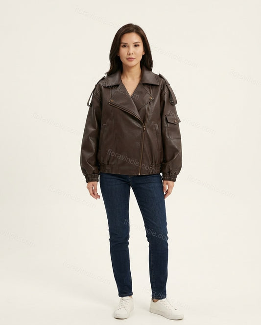 Dark Brown Asymmetric Ribbed Jacket, front studio view, by floravincie