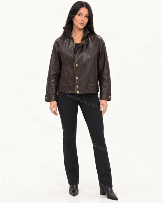 Dark Brown Asymmetric Jacket, front studio view, by floravincie