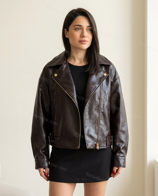 Dark Chocolate Brown Asymmetric Jacket, full-length hero view, by floravincie