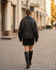 Black Asymmetric Jacket, three-quarter brand lifestyle view, by floravincie