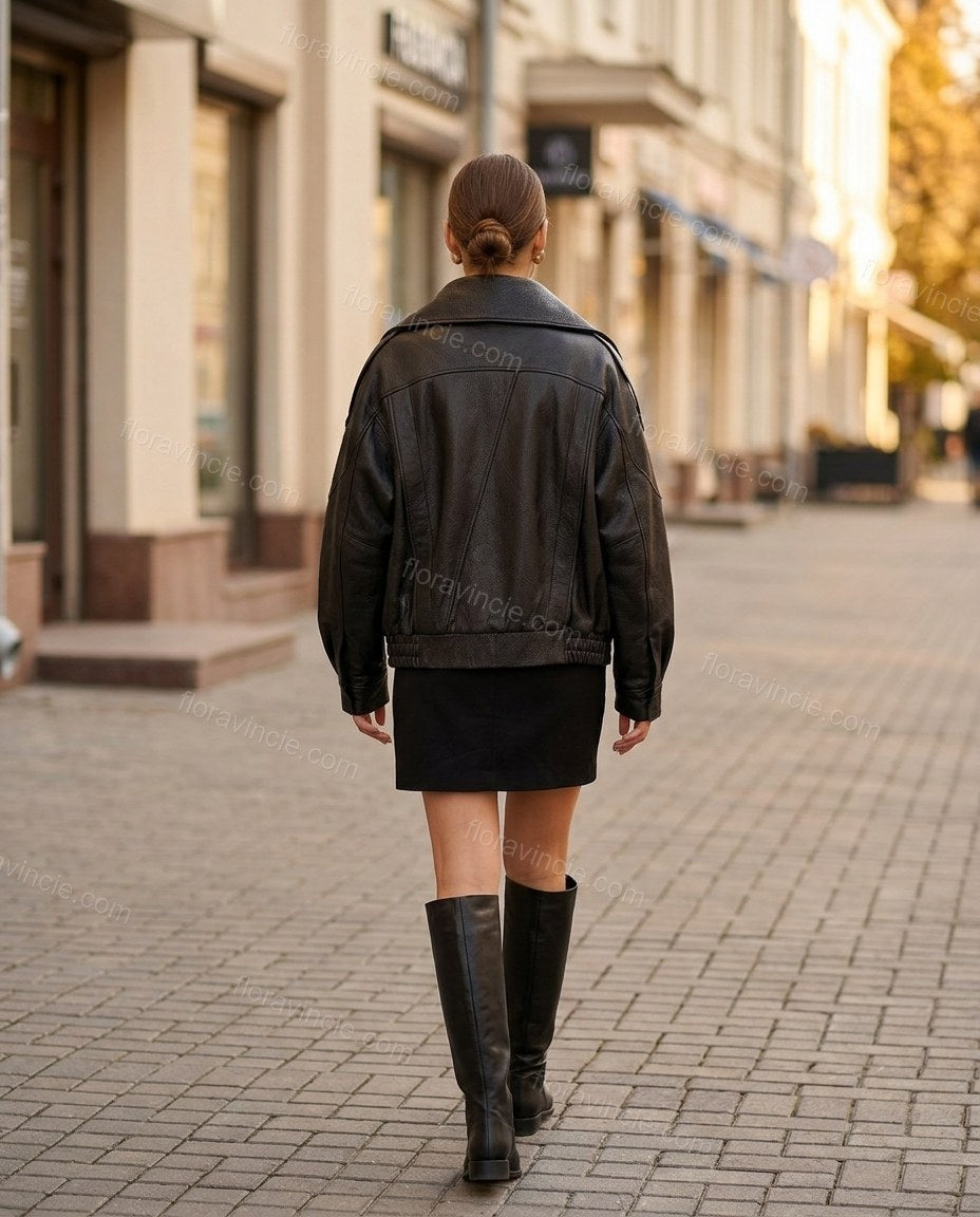 Black Asymmetric Jacket, three-quarter brand lifestyle view, by floravincie
