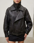 Black Asymmetric Jacket, close-up of front zipper closure, stand collar and dropped shoulders, by floravincie