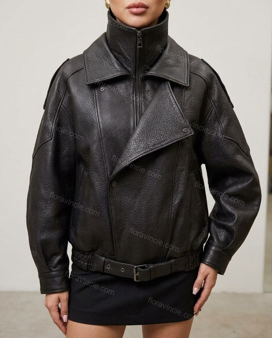Black Asymmetric Jacket, close-up of front zipper closure, stand collar and dropped shoulders, by floravincie