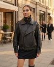 Black Asymmetric Jacket, movement and fit lifestyle view, by floravincie