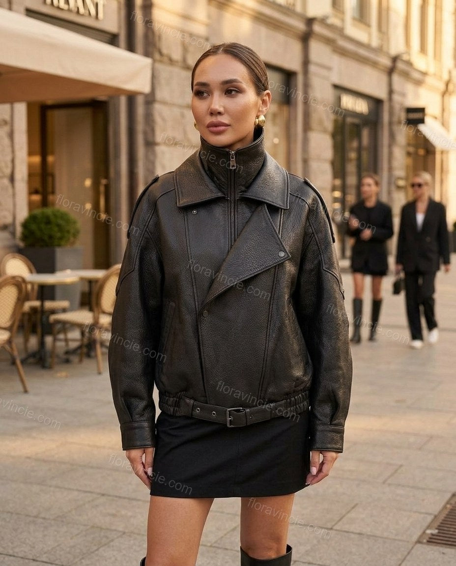 Black Asymmetric Jacket, movement and fit lifestyle view, by floravincie