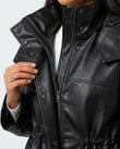 Black Jacket, close-up of drawstring waist, snap button closure and stand collar, by floravincie