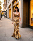 Gold Satin Dress, walking lifestyle view, by Floravincie