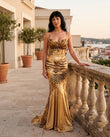 Gold Satin Dress, three-quarter brand lifestyle view, by Floravincie