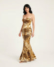 Gold Satin Dress, front studio view, by Floravincie