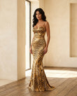 Gold Satin Dress, full-length hero view, by Floravincie