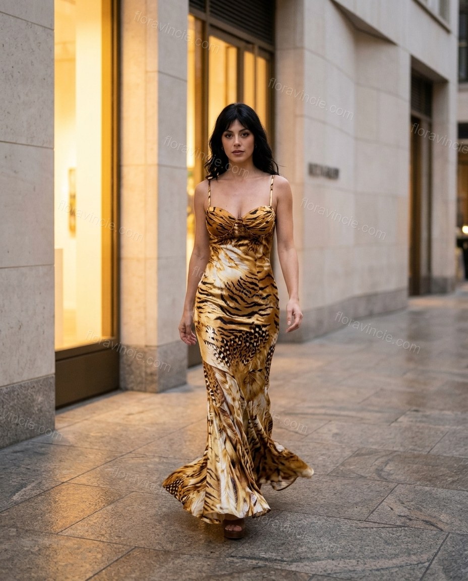 Gold Satin Dress, movement and fit lifestyle view, by Floravincie