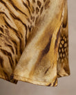 Gold Satin Dress, close-up of sweetheart neckline, spaghetti straps and mixed animal print, by Floravincie
