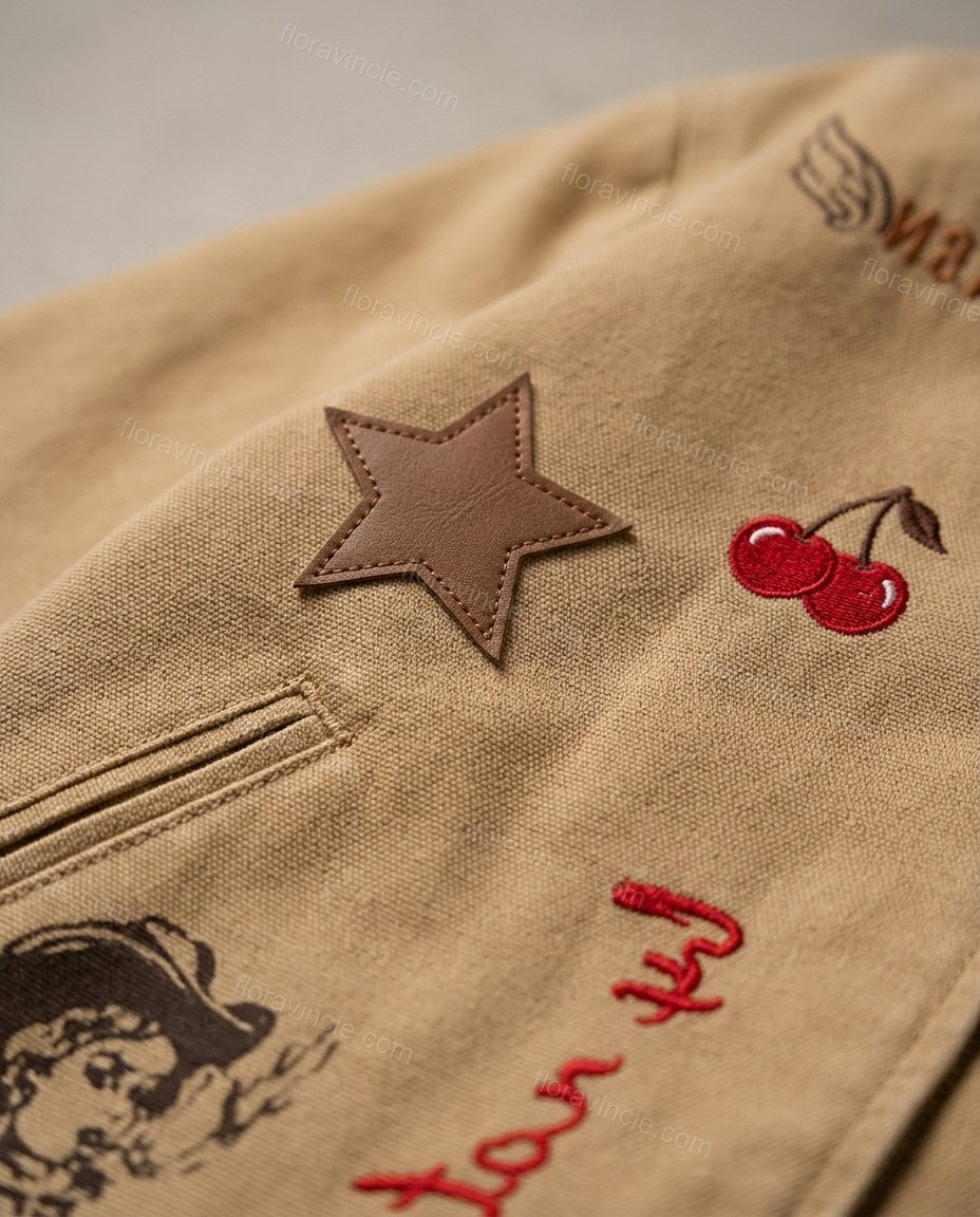 Tan Patchwork Embroidered Corduroy Jacket, close-up of patchwork, by Floravincie