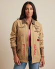 Tan Patchwork Embroidered Corduroy Jacket, full-length hero view, by Floravincie
