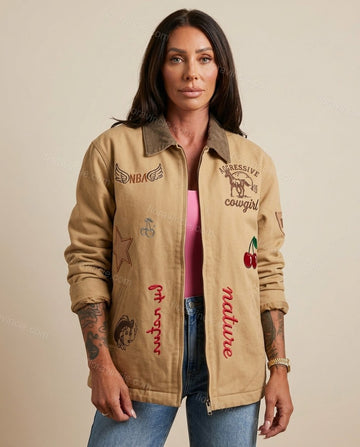 Tan Patchwork Embroidered Corduroy Jacket, full-length hero view, by Floravincie