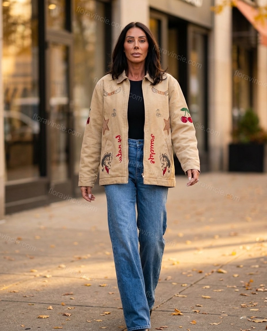 Tan Patchwork Embroidered Corduroy Jacket, walking lifestyle view, by Floravincie