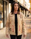 Tan Patchwork Embroidered Corduroy Jacket, alternate use-case lifestyle view, by Floravincie